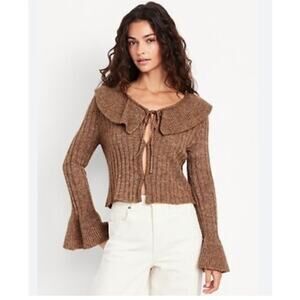 Old Navy Wool Blend Ruffle Tie Front Cropped Cardigan Size SP Mocha Brown Forest